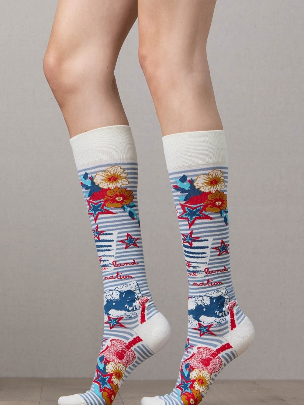 Double D Ranch Cream Knee-High Socks with Blue Stripes & Multicolor Floral Stars